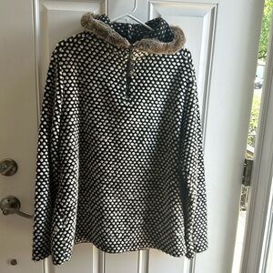 ATHLETA Brown White Polka Dot Wool Blend Faux Fur Half Zip Hoodie Sweater.